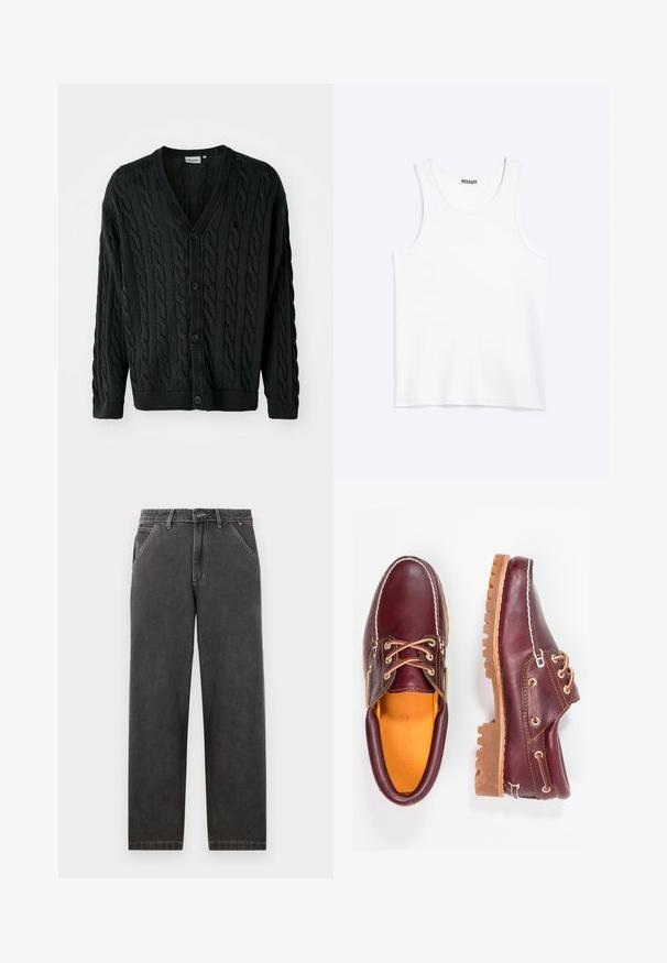 Zwarte kabelgebreide cardigan met een V-hals, knoopsluiting aan de voorkant, lange mouwen en geribbelde manchetten en zoom. Heeft een textuurpatroon over het geheel.; Wit mouwloos hemdje met ronde hals en Weekday-merklabel aan de binnenkant van de achterkraag, plat weergegeven op een lichte achtergrond.; Donkergrijze denimbroeken met een rechte pasvorm, voorzien van contrasterende witte stiksels, een knoopsluiting en zijzakken.; Bordeaux leren schoenen met bruine rubberen zolen, ronde neus, witte stiksels en gouden veterogen. Het interieur heeft een gele voering.