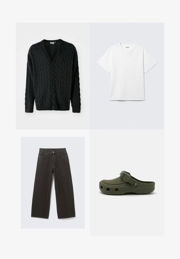 Sort kabelstrikket cardigan med V-hals, knapfront, lange ærmer og ribbede manchetter og kant. Har et tekstureret mønster over det hele.; Hvid kortærmet crewneck T-shirt lagt fladt ud, ensfarvet design, med "WEEKDAY" mærkat inde i kraven på en lys baggrund.; Bredde ben sorte denim jeans har høj talje, fem-lomme design og knaplukning foran. Stoffet har en blød, tekstureret overflade.; Grøn gummi klipklap med justerbar rem og ventilationshuller. Glat tekstur, rundt tåparti og hævet sål for komfort.