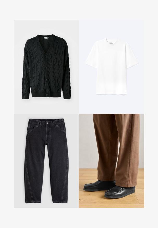 Zwarte kabelgebreide cardigan met een V-hals, knoopsluiting aan de voorkant, lange mouwen en geribbelde manchetten en zoom. Heeft een textuurpatroon over het geheel.; Effen witte T-shirt met korte mouwen en ronde hals, met een losse pasvorm, weergegeven op een lichte achtergrond.; Zwarte spijkerbroek met een losse pasvorm, voorzien van een standaard tailleband, ontwerp met vijf zakken en contrasterende stiksels langs de naden.; Zwarte leren schoenen met een mocassinstijl en steekdetails, gecombineerd met een paarse broek, op een houten vloer.