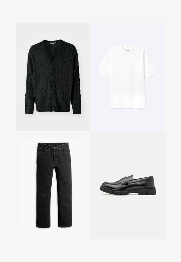 Schwarze Kabelstrick-Cardigan mit V-Ausschnitt, Knopfleiste, langen Ärmeln und gerippten Bündchen sowie Saum. Mit strukturiertem Muster über das gesamte Kleidungsstück.; Schlichtes weißes T-Shirt mit kurzen Ärmeln und Rundhalsausschnitt in entspannter Passform, auf hellem Hintergrund dargestellt.; Schwarze Jeans im geraden Schnitt mit fünf Taschen, Gürtelschlaufen und einem Knopfverschluss an der Taille, flach auf einem weißen Hintergrund ausgelegt.; Schwarze Lederloafer mit einem breiten Riemen über dem Rist, Gummisohle mit dicken Profilen und glatter Textur. Klassisches, schlankes Design.