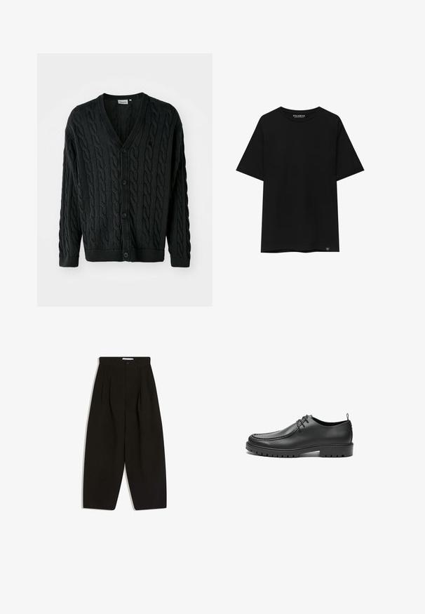 Cardigan en tricot noir à mailles torsadées avec un col en V, une fermeture à boutons, des manches longues et des bords côtelés au niveau des poignets et de l'ourlet. Présente un motif texturé sur l'ensemble.; T-shirt noir à manches courtes en coton, avec un col ras du cou et une petite étiquette de marque en bas à gauche.; Pantalon noir à jambes larges en tissu doux, avec un devant plissé, une fermeture à boutons et des poches latérales pour plus de fonctionnalité.; Chaussures en cuir noir avec une finition lisse, bout arrondi et coutures décoratives. Elles possèdent une semelle en caoutchouc avec des rainures de traction et un laçage.