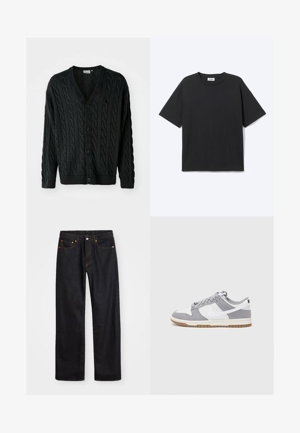 Sort kabelstrikket cardigan med V-hals, knapfront, lange ærmer og ribbede manchetter og kant. Har et tekstureret mønster over det hele.; Sort T-shirt med korte ærmer og rund hals med afslappet pasform, forfra, ensfarvet design og synligt Weekday-mærke inde i kraven.; Mænds lige ben sorte denim jeans med fem lommer og orange syninger, knap- og lynlåslukning foran på taljen.; Nike-sneakers har en øverste del i gråt ruskind og hvidt læder med perforeringer, runde snørebånd og en gummisål for greb.