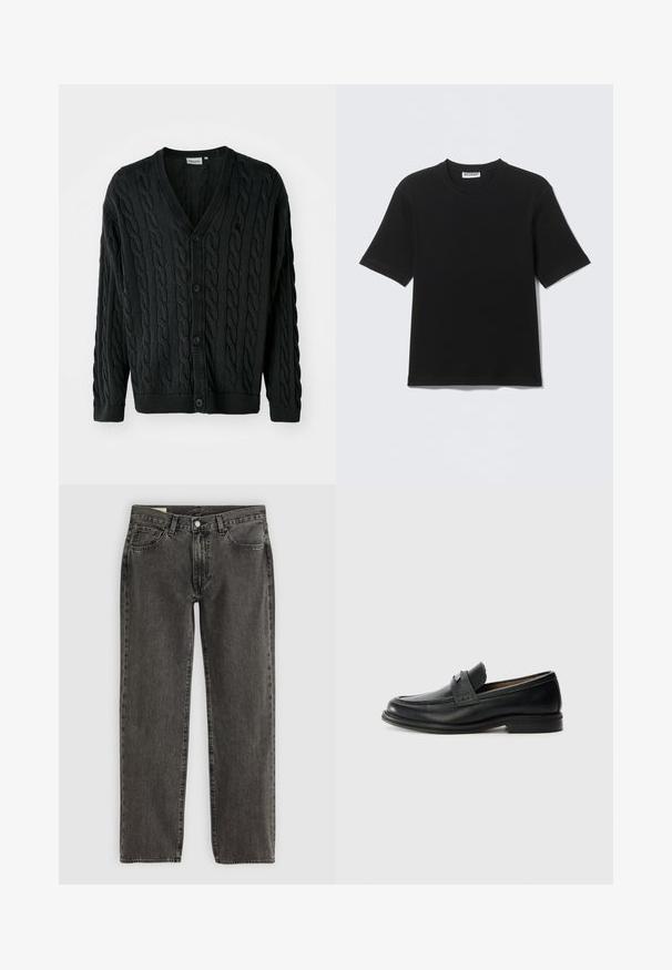 Cardigan en tricot noir à mailles torsadées avec un col en V, une fermeture à boutons, des manches longues et des bords côtelés au niveau des poignets et de l'ourlet. Présente un motif texturé sur l'ensemble.; T-shirt noir à manches courtes avec col rond, portant une étiquette "WEEKDAY" à l'intérieur du col, présenté à plat sur un fond clair.; Jean droit noir délavé avec cinq poches, fermeture à bouton et passants de ceinture, posé à plat sur un fond blanc.; Mocassins en cuir noir avec une finition lisse, dotés d'une bande supérieure texturée, d'un talon bas et de détails de couture minimalistes.