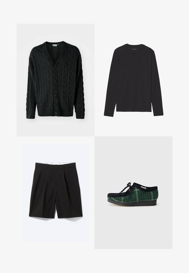 Schwarze Kabelstrick-Cardigan mit V-Ausschnitt, Knopfleiste, langen Ärmeln und gerippten Bündchen sowie Saum. Mit strukturiertem Muster über das gesamte Kleidungsstück.; Schwarzes Langarm-T-Shirt aus weichem, leichtem Stoff. Verfügt über einen runden Halsausschnitt und einen geraden Saum. Keine sichtbaren Muster oder Akzente.; Schwarze, maßgeschneiderte knielange Shorts mit Gürtelschlaufen, Seitentaschen, Knopfverschluss und vorderen Falten, flach auf weißem Hintergrund ausgelegt.; Grüne und schwarze gemusterte Schuhe mit einem Obermaterial aus Wildleder, runder Zehenform, Schnürsenkeln und einer strukturierten Gummisohle.