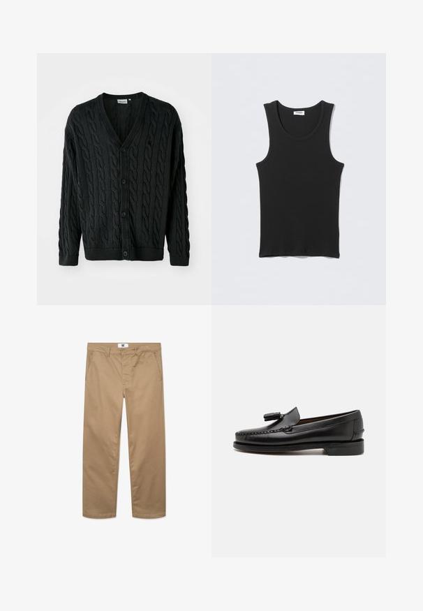 Sort kabelstrikket cardigan med V-hals, knapfront, lange ærmer og ribbede manchetter og kant. Har et tekstureret mønster over det hele.; Sort ærmeløs ribstrikket tanktop med rund halsudskæring, fladt lagt på lysegrå baggrund. Etiket med teksten "WEEKDAY."; Kakhifarvede bomuldsbukser med lige ben, der har en enkelt knaplukning, bæltestropper og to sidelommer. Glat tekstur.; Sorte læder loafers med mokkasinstik, en rund tå og en frynseaccent. Flad hæl med en glat tekstur, designet til afslappet brug.