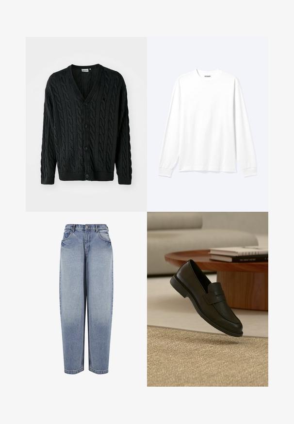 Sort kabelstrikket cardigan med V-hals, knapfront, lange ærmer og ribbede manchetter og kant. Har et tekstureret mønster over det hele.; Langærmet plain hvid skjorte med rund hals og ribkantede manchetter, vist på en neutral lys baggrund.; Blå high-waisted løstsiddende jeans med forlommer, bæltestropper, knaplukning og falmede detaljer langs benene.; Sort læderloafer vist i luften over en beige vævet tæppe, med et træbord og stablede bøger i et blødt oplyst stue.
