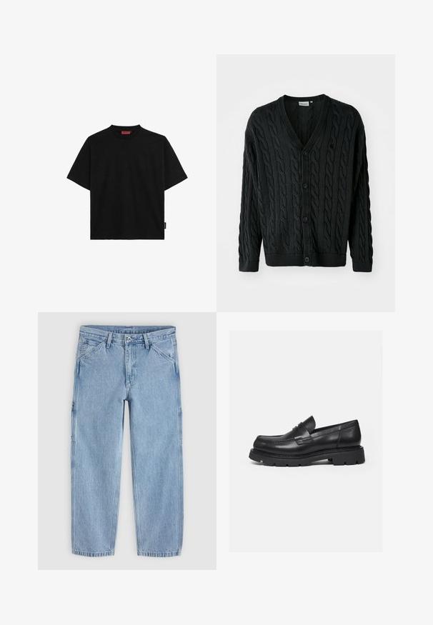 Zwarte kabelgebreide cardigan met een V-hals, knoopsluiting aan de voorkant, lange mouwen en geribbelde manchetten en zoom. Heeft een textuurpatroon over het geheel.; Zwart kortekraag t-shirt van katoen, met een ronde halslijn en een klein label aan de zijkant. Glad textuur en rechte pasvorm.; Lichtblauwe jeans met rechte pijpen, een knoop aan de voorkant, rits, riemlussen en schuine voorkantzakken op een effen achtergrond.; Zwarte leren loafer met dikke geribbelde zool en pennyriemdetail, getoond in rechter zijprofiel op witte achtergrond.