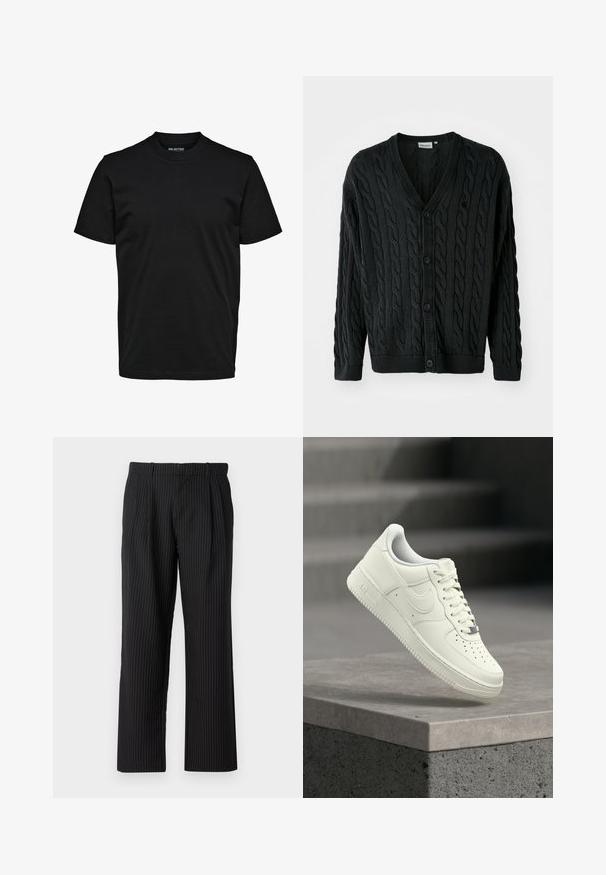 Sort kabelstrikket cardigan med V-hals, knapfront, lange ærmer og ribbede manchetter og kant. Har et tekstureret mønster over det hele.; Simpel sort T-shirt med korte ærmer, rund hals og almindelig pasform uden synlige mønstre eller logoer.; Jack & Jones Classic Wide Leg Fit - Bukser - black; Hvid lædersneaker med lavprofildesign, tekstureret overflade, perforeringer på tåen og sølvfarvede detaljer på snørebånd og mærkning.