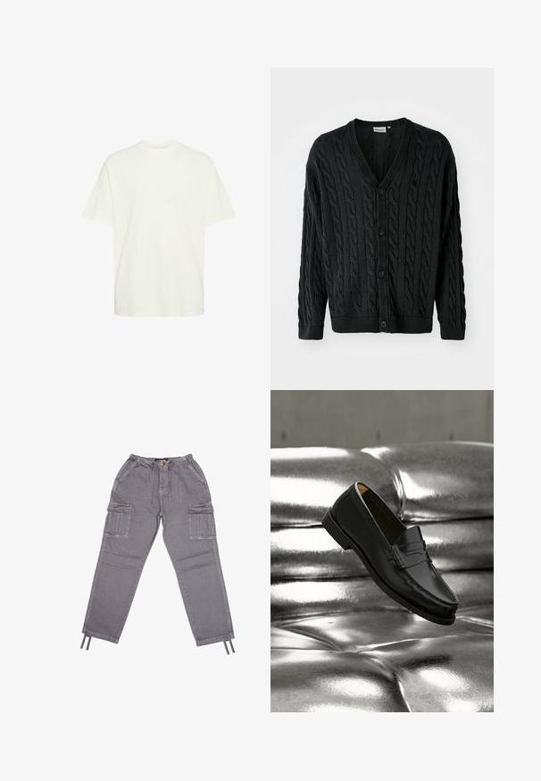 Zwarte kabelgebreide cardigan met een V-hals, knoopsluiting aan de voorkant, lange mouwen en geribbelde manchetten en zoom. Heeft een textuurpatroon over het geheel.; Witte katoenen t-shirt met een losse pasvorm, ronde hals, korte mouwen en een vlakke zoom, met een gladde textuur en geen zichtbare patronen.; Grijze cargobroek met een elastische tailleband, trekkoordsluiting en meerdere zijzakken. Gemaakt van stevig materiaal met een zachte textuur.; Zwarte leren loafer zweeft boven een glanzende zilveren leren bank met knopen in een minimalistische setting.