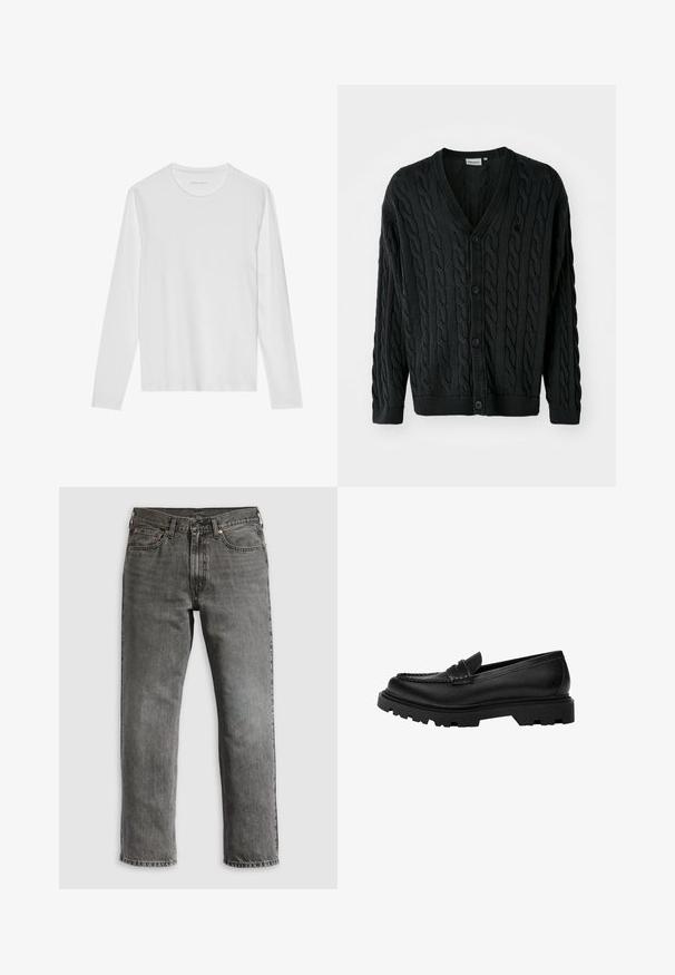 Sort kabelstrikket cardigan med V-hals, knapfront, lange ærmer og ribbede manchetter og kant. Har et tekstureret mønster over det hele.; Langærmet hvid T-shirt lavet af blød bomuld, med rund halsudskæring og en glat tekstur uden synlige mønstre eller accenter.; Grå denimjeans med straight-fit ben, udstyret med fem lommer, kobbernitter og synlig syning. Klassisk design med lynlås.; Sorte læder loafers med en robust, struktureret sål. Har en dekorativ syet kant og en lav hæl for et moderne design.