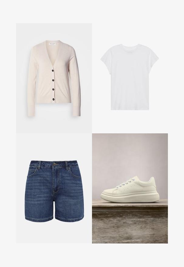Cardigan beige en tissu doux, avec un décolleté en V, des manches longues et des boutons noirs sur le devant. Texture lisse, design minimaliste.; T-shirt blanc à manches courtes, col rond, coupe décontractée, en tissu de coton doux. Texture lisse, sans motifs ni logos.; Shorts en denim bleu foncé avec bouton frontal, fermeture éclair, passants pour ceinture et poches avant, présentés sur un fond blanc.; Baskets en cuir blanc avec un bout rond, une texture lisse et des lacets contrastants. Dotées de trous de ventilation et d'une semelle en caoutchouc épaisse pour le confort.
