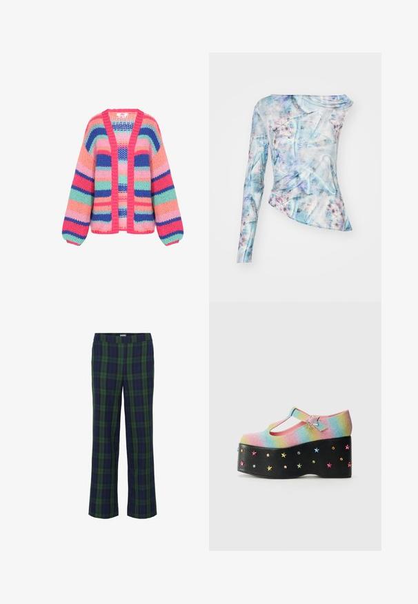 Cardigan tricot multicolore avec des manches larges, présentant des rayures horizontales en rose, bleu, vert et violet avec un design ouvert à l'avant.; Top asymétrique à manches longues dans un motif abstrait bleu et rose, présentant une texture froncée et un col rond. Fabriqué en tissu léger.; Pantalons à carreaux verts et bleu marine avec une coupe droite et une taille élastique. Le tissu a une texture douce, avec un motif à carreaux classique.; Chaussures compensées arc-en-ciel scintillantes avec une bride en T, ornées d'une boucle en forme d'étoile et d'étoiles multicolores rivetées sur une base noire.