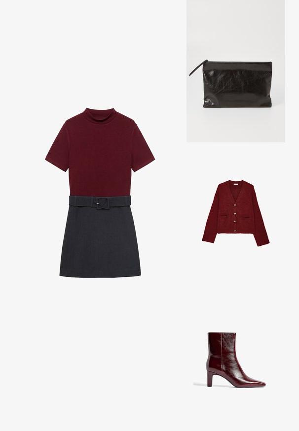 Rote Strickjacke mit V-Ausschnitt, langen Ärmeln und zwei Fronttaschen. Mit fünf bronzefarbenen Knöpfen vorne. Strukturiertes Gewebe.; Bordeauxfarbenes Kurzarmoberteil mit hohem Kragen, kombiniert mit einem dunkelgrauen Rock. Enthält einen passenden Gürtel in der Taille zur Anpassung.; Burgunderfarbene Leder-Ankle-Boots mit spitzem Zeh, schlankem Design und mittelhohem Blockabsatz. Glatte Oberfläche und minimale Nahtdetails.; Schwarze Lederhülle mit einer glatten, leicht gekräuselten Textur. Verfügt über einen Reißverschluss und eine schlanke, rechteckige Form.