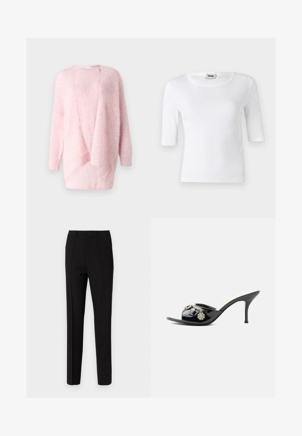 Cardigan en tricot rose clair, ouvert devant, à manches longues, texture douce, design drapé avec une coupe décontractée. Sans fermetures ni ornements.; T-shirt blanc à côtes avec un col rond et des manches mi-longues. Fabriqué en matériau doux avec une texture lisse. Étiquette visible au niveau du col.; Pantalon noir à coupe slim, doté d'une fermeture à bouton, de deux poches latérales et d'une texture de tissu lisse. Des rayures verticales sont visibles.; Mule à talon haut en cuir verni noir avec bout ouvert et breloques argentées décoratives comprenant une fleur et un cadenas sur la bride avant.