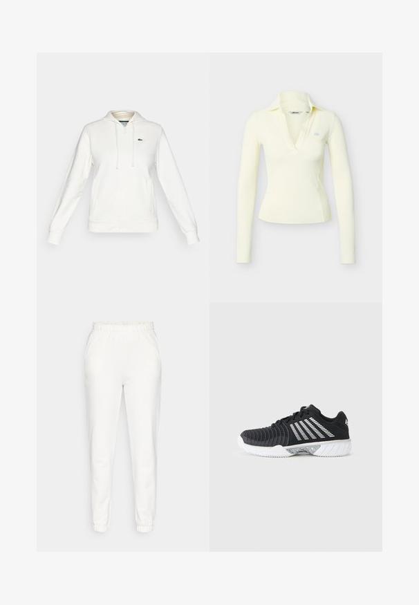 Biely mikina na zips s prednými vreckami, kapucňou so šnúrkou a malým zeleným krokodílím logom na ľavej hrudi.; Dlhý rukáv, priliehavý krémový top s hlbokým výstrihom do V a golierom, s malým svetlomodrým logom na ľavej strane hrude.; Biele zúžené tepláky s elastickým pásom a manžetami, s bočnými vreckami, vystavené na jednoduchom pozadí.; Čierna športová obuv s bielou podrážkou, diagonálnymi bielymi pruhmi na boku, textúrovanou špičkou a zaväzovaním na šnúrky na sivom pozadí.