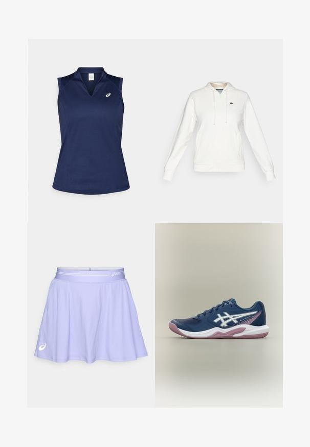 Biely mikina na zips s prednými vreckami, kapucňou so šnúrkou a malým zeleným krokodílím logom na ľavej hrudi.; Námornícky modrá bezrukávová športová košeľa s výstrihom do V, vyrobená z hladkej, vlhkosť odvádzajúcej látky; má ploché švy a malé logo na ľavej hrudi.; Svetlofialová športová sukňa vyrobená z elastického materiálu. Má široký pás s bielym akcentom a logo v dolnom ľavom rohu.; Námornícka modrá športová teniska s bielou a ružovou podrážkou, bielym logom na boku, šnurovacím dizajnom a sieťovinovými detailmi na prstoch a stranách.