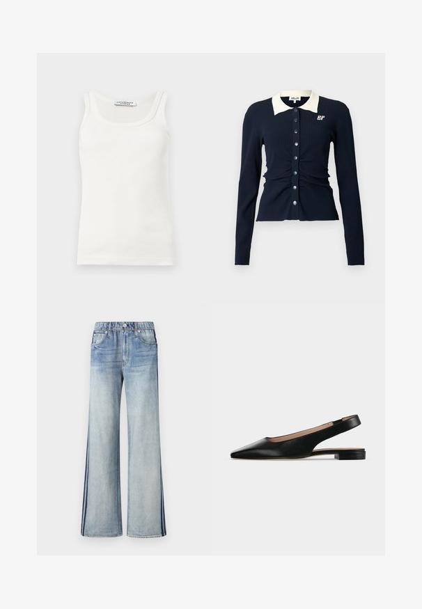 Cardigan azul marino de manga larga con tejido acanalado y cuello blanco, con detalle plisado y grandes botones en la parte delantera, que muestra un logotipo en el pecho izquierdo.; Camiseta sin mangas blanca acanalada con escote redondo y etiqueta de Copenhagen Studios en el interior del cuello.; Los vaqueros de mezclilla azul claro presentan una cintura alta, piernas anchas y franjas laterales en azul oscuro. La tela tiene una ligera textura con desgastes.; Zapato plano de cuero negro con tira trasera, puntera puntiaguda y tacón cuadrado bajo sobre fondo blanco.