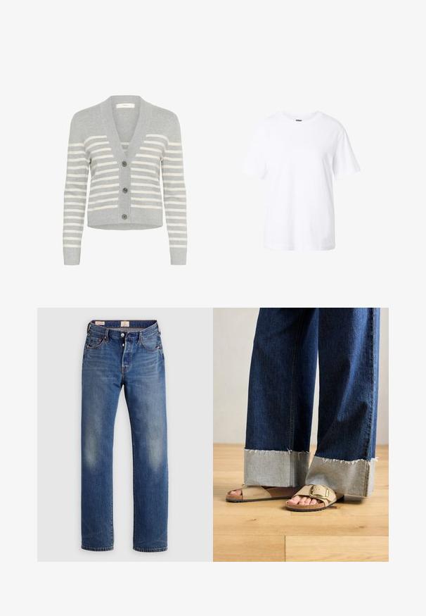 Cárdigan gris con rayas horizontales blancas, con escote en V, cierre de cinco botones y puños y dobladillo acanalados.; Camiseta blanca lisa de manga corta con cuello redondo, ajuste holgado y una pequeña etiqueta en el interior del cuello.; Vaqueros azules de mezclilla con corte recto, con textura deslavada, costuras en naranja y diseño de cinco bolsillos con herrajes metálicos.; Pies con sandalias Birkenstock beige con hebillas de oro, combinadas con jeans de mezclilla azul oscuro enrollados en los puños, de pie sobre un suelo de madera.