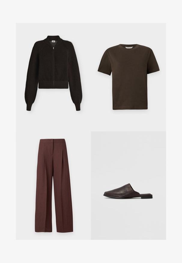 Schwarzer Strick-Zip-up-Pullover mit geripptem Kragen, Bündchen und Saum, mit strukturiertem Waffelmuster und langen Ärmeln.; Dunkelbraunes Baumwoll-T-Shirt mit rundem Ausschnitt, kurzen Ärmeln und lockerer Passform. Einfaches Design ohne sichtbare Muster oder Akzente.; Braune, hoch taillierte, weit geschnittene Hose mit vorderen Falten und verdecktem Frontverschluss, auf weißem Hintergrund dargestellt.; Schwarze Slipper-Mule aus strukturiertem Material mit einem Reptilienmuster, ausgestattet mit einem niedrigen, flachen Absatz und einem abgerundeten, offenen Zehendesign.