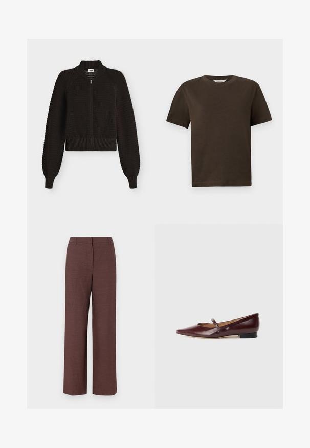 Sort strikket cardigan med lynlås, ribstrikket krave, manchetter og kant, der har et tekstureret vaffelmønster og lange ærmer.; Mørkebrun bomulds-t-shirt med rund halsudskæring, korte ærmer og en afslappet pasform. Simpelt design uden synlige mønstre eller accenter.; Brune bredbensbukser lavet af tekstureret stof med en glat finish, med flad front, bæltesløjfer og sidelommer.; Burgundyrød patenteret lædersko med spids tå og en dekorativ rem over vristen. Har en lav sort hæl.