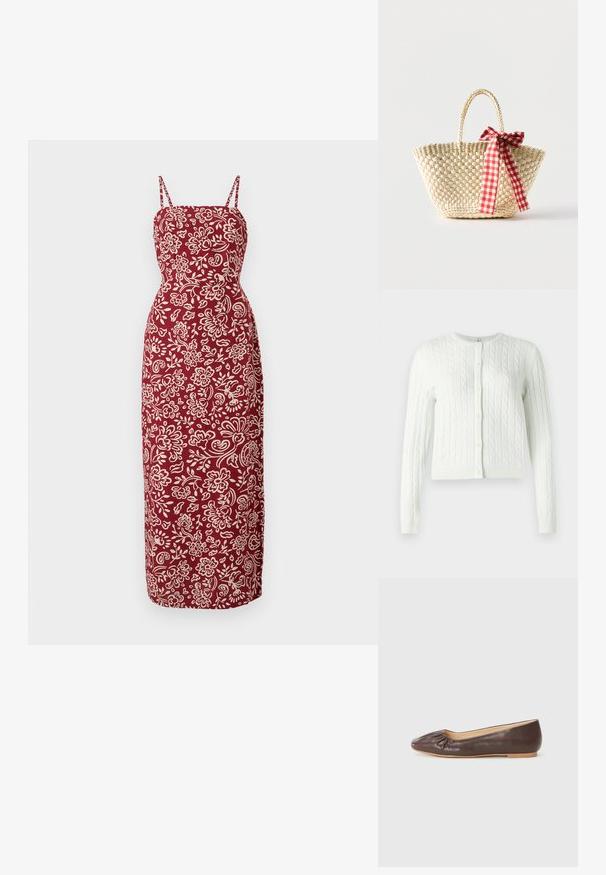 Cárdigan de punto trenzado en verde claro, con cuello redondo, mangas largas y seis botones en el frente. Textura suave, longitud corta.; Vestido Maxi de un profundo color rojo, con un corsé ajustado y tirantes finos. Presenta un patrón floral blanco y una silueta recta.; Bailarina de cuero marrón con punta redondeada, detalles fruncidos en la parte delantera y una suela plana de color claro.; Bolso tote de paja tejido con asas trenzadas y un lazo de cinta a cuadros rojos y blancos atado a un lado.