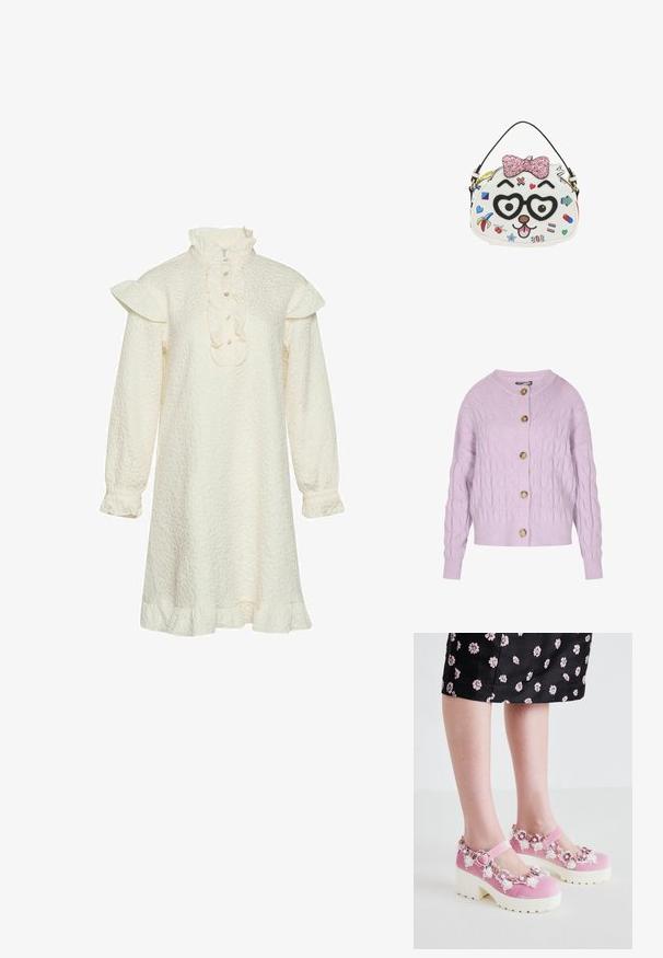 Vaalean liila puuvillaneuleinen cardigan, jossa on pyöreä kaulus, pitkät hihat ja puiset napit edessä. Ribbaus helmoissa ja hihoissa tuo tekstuuria.; Valkoinen teksturoitu mekko, jossa on röyhelökaulus ja -hihansuut, etupuolella nappisulku ja lyhyet röyhelökoristeet hihoissa. Pitkähihaisessa muotoilussa.; Vaaleanpunaiset samettiset Mary Jane -kengät, joissa on valkoiset platform-pohjat, koristeltu kukkakoristeilla ja pitsiyksityiskohdilla avautumis- sekä nilkkahihnassa.; Valkoinen käsilaukku, jossa mustat sydämenmuotoiset lasit, vaaleanpunainen kimaltava rusetti, piirretty kasvot ja värikkäitä hedelmä- ja symboliprässiä mustalla kahvalla.
