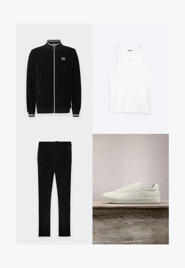Chaqueta negra de pana con cremallera, cuello y puños con rayas blancas, cremallera con aro plateado y logo "OPEN ERA" en el pecho.; Camiseta sin mangas blanca con cuello redondo y etiqueta de la marca Weekday en el interior del cuello trasero, mostrada plana sobre un fondo claro.; Pantalones de pana negra con estrías verticales, que cuentan con cierre clásico de botón y cremallera, bolsillos laterales y piernas de corte recto.; Zapatilla blanca con cordones flotando sobre un banco de madera con follaje verde al fondo, mostrando el diseño y la textura del zapato.