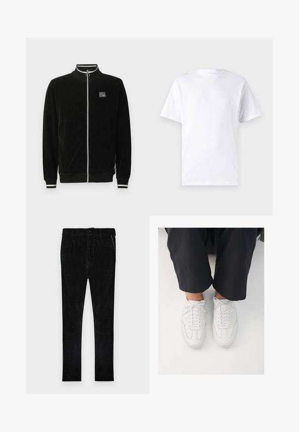 Sort kordfløjlsjakke med lynlås, hvidstripet krave og manchetter, sølvring lynlås og "OPEN ERA"-logo på brystet.; Hvid kortærmet t-shirt lavet af bomuld med rund hals, der har en glat tekstur og et simpelt design uden mønstre eller accenter.; Sorte fløjlsbukser med vertikal ribstruktur, med klassisk knap- og lynlås-lukning, sidelommer og ben med lige snit.; Hvide lædersneakers med en glat overflade, rund tå og klassisk snøresystem, placeret over mørke, løse bukser.