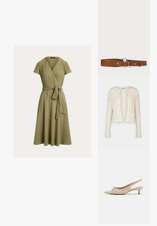 Cárdigan corto de color crema claro con un patrón de punto texturizado, cuello redondo y mangas largas con puños acanalados y diseño de abertura en el frente.; Vestido cruzado verde oliva con mangas cortas, escote en V y cinturón anudado en la cintura, que llega hasta la mitad de la pantorrilla.; Tacones slingback de charol beige con puntera afilada y un lazo decorativo en el empeine. Incluyen un tacón bajo y estilizado con una textura suave.; Cinturón de cuero marrón claro con textura suave, que presenta costuras blancas, una hebilla circular de plata y un diseño sencillo con agujeros para el cinturón.
