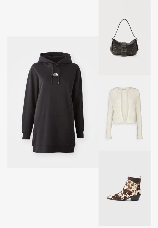 Lys cremet, kort cardigan med et tekstureret strikkemønster, rund halsudskæring og lange ærmer med ribbede manchetter og åben frontdesign.; Sort hoodie kjole lavet af blødt stof, med en front kangaroo lomme, justerbar snørehætte og et lille logo på brystet.; Cowboy ankelstøvler lavet af brun og cremefarvet pels, med spidse tæer, lav hæl og ribbede detaljer på siderne.; Sort læder skuldertaske med spænde på remmen, afrundede kanter og kontrasterende hvide syninger på en ensfarvet baggrund.