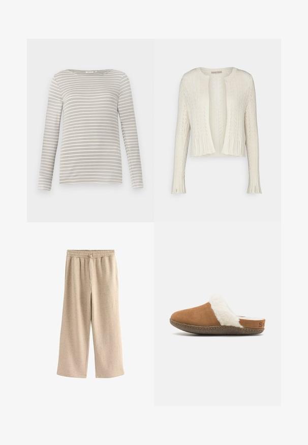 Lys cremet, kort cardigan med et tekstureret strikkemønster, rund halsudskæring og lange ærmer med ribbede manchetter og åben frontdesign.; TOM TAILOR STRIPED BOAT NECK - Langærmet T-shirt - taupe/offwhite; Beige vide benbukser lavet af blødt stof, med en elastisk talje og snor, og en diskret prikket tekstur hele vejen igennem.; Brune ruskindssutsko med en hvid fluffy foring og en tekstureret sål. Har en syet kant og en lille brandingdetalje på hælen.