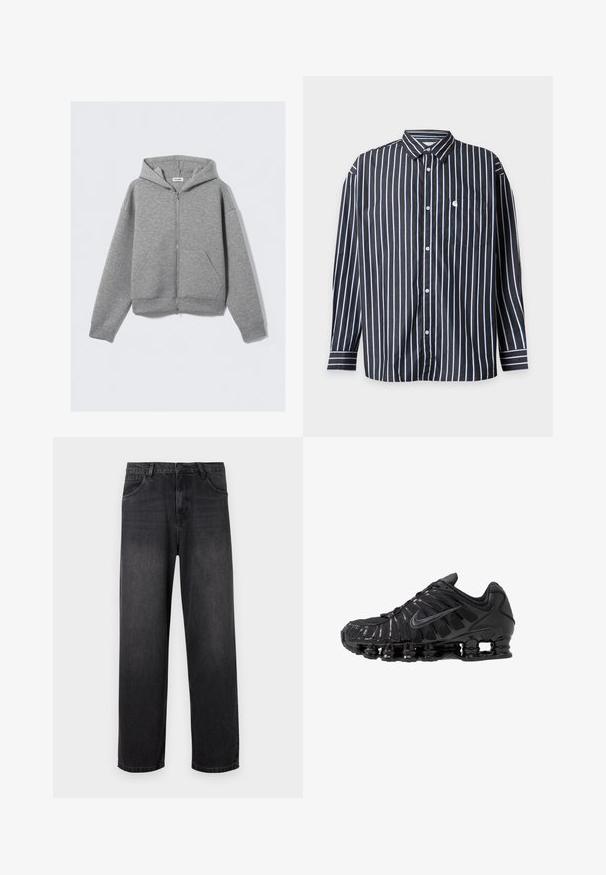 Sweat à capuche gris clair avec fermeture éclair intégrale, poches avant et capuche, étalé à plat sur un fond clair uni.; Chemise noire à manches longues boutonnée avec des rayures verticales blanches, une poche poitrine avant et un col classique.; Jeans en denim gris foncé avec un design à jambe droite, dotés d'une fermeture éclair, de cinq poches et de légères décolorations sur le tissu.; Chaussures de sport noires en mesh et matériaux synthétiques, présentant un design ondulé distinct, une semelle en caoutchouc noire et des accents réfléchissants.