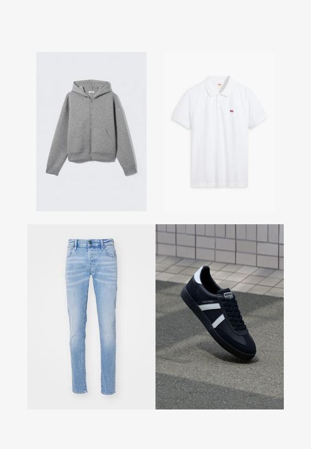 Hellgrauer Kapuzenpullover mit durchgehendem Reißverschluss, Fronttaschen und Kapuze, flach auf einem schlichten hellen Hintergrund liegend.; Weißes Poloshirt aus Baumwolle. Verfügt über eine Knopfleiste mit drei Knöpfen, kurze Ärmel und ein kleines rotes Levi's-Logo auf der linken Brust.; Helle blaue Denim-Jeans mit schlankem Schnitt, ausgestattet mit einem Fünf-Taschen-Design, Gürtelschlaufen und einem Knopfverschluss. Der Stoff hat eine weiche Textur.; Schwarze Leder-Sneaker mit weißen Streifen, strukturiertem Gummisohle und Schnürung. Verfügt über ein Markenetikett auf der Zunge.