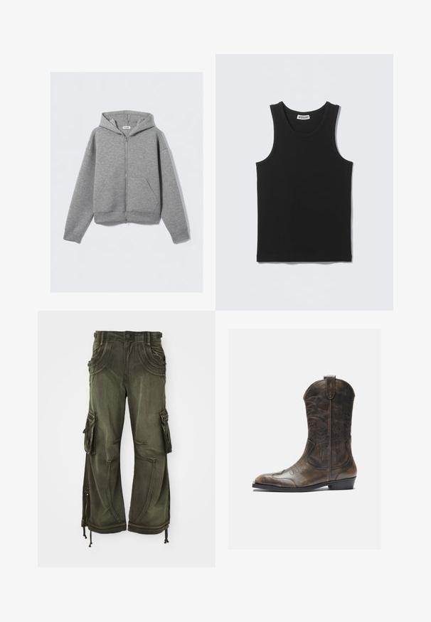 Lysegrå hættetrøje med fuld lynlås, forlommer og hætte, lagt fladt på en ensfarvet lys baggrund.; Sort ærmeløs ribbet tanktop med rund halsudskæring og Weekday-mærke på inderkraven bagpå.; Oliven grønne cargo bukser lavet af bomuld med en afslappet pasform, featuring sidelommer, lynlåse ved anklerne og snore ved kanten.; Brune læder cowboystøvle med en høj skaft, spids tå, intrikate syning mønstre og en lille hæl. Struktureret finish hele vejen igennem.