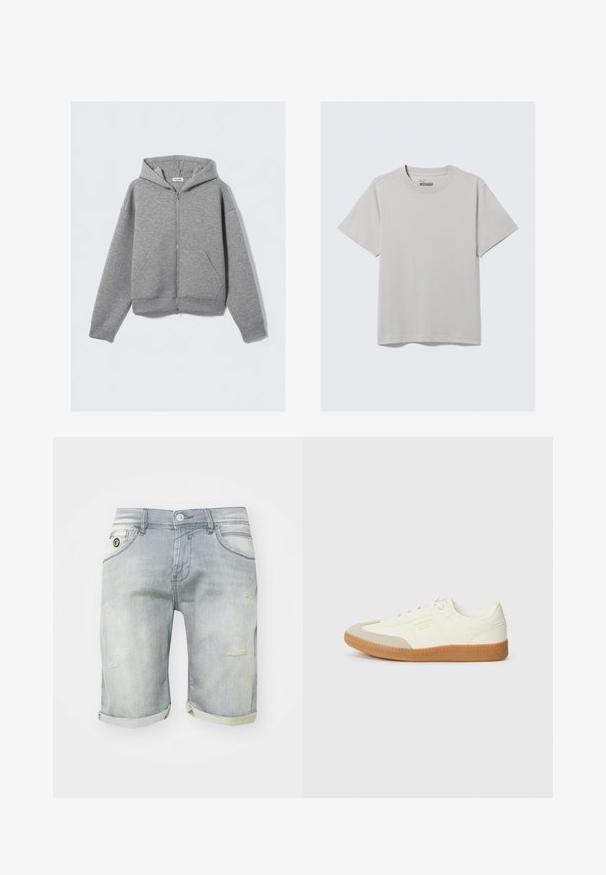 Sweat à capuche gris clair avec fermeture éclair intégrale, poches avant et capuche, étalé à plat sur un fond clair uni.; T-shirt en coton gris clair avec un col rond et des manches courtes, arborant un design minimaliste et une coupe décontractée. Aucun motif ni accent.; Shorts en denim bleu clair avec un délavage usé, des revers roulés, des poches avant et des détails déchirés sur la cuisse. Fermeture à bouton à la taille.; Baskets en cuir blanc avec une coque beige et une semelle en caoutchouc marron clair. Dotées de lacets blancs plats et d'un logo embossé sur le côté.