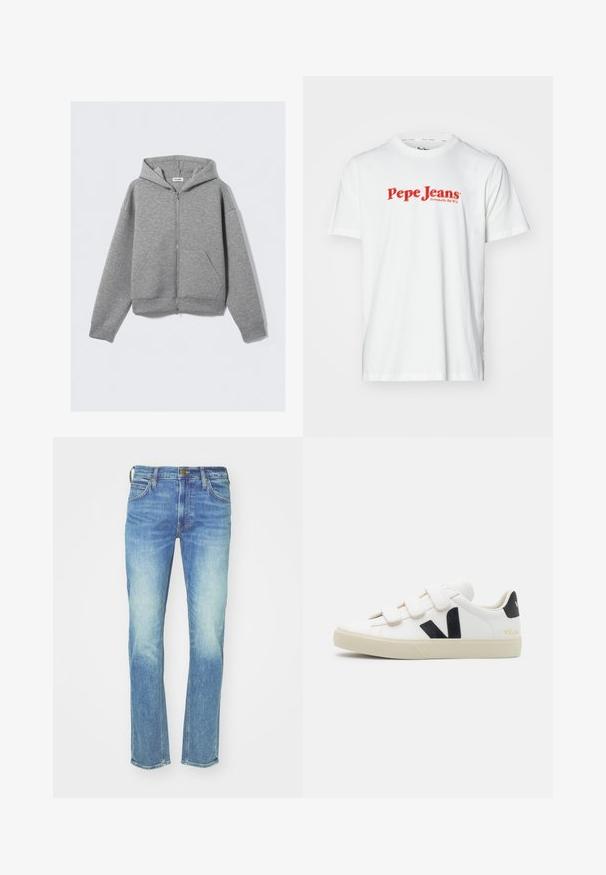 Svetlosivá mikina s celým zipsom, prednými vreckami a kapucňou, rozložená na plochom svetlom pozadí.; Biela bavlnená tričko s červeným textom loga "Pepe Jeans". Krátke rukávy a okrúhly výstrih, so štandardným strihom a bez viditeľných vzorov.; Svetlo modré denim nohavice so strihom rovného nohu, so zrozumiteľnou textúrou, piatimi vreckami, mosadznými komponentmi a prešívaním pozdĺž švov.; Biele tenisky s čiernymi akcentmi a suchým zipsom. Vlastnosti obsahujú textúrovaný kožený zvršok, smotanovú gumovú podrážku a logo na päte.