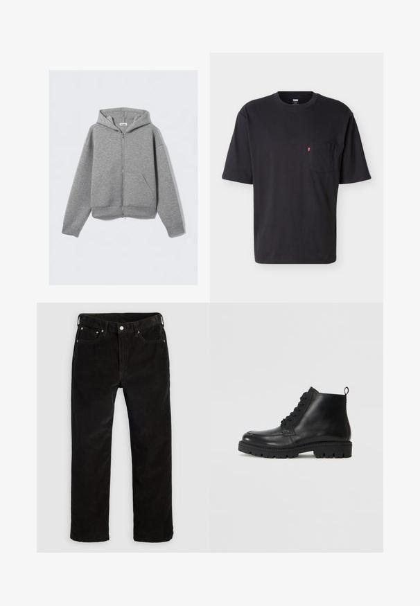 Sweat à capuche gris clair avec fermeture éclair intégrale, poches avant et capuche, étalé à plat sur un fond clair uni.; T-shirt noir à manches courtes et col rond avec poche poitrine et petite étiquette logo rouge Levi's sur la poche, sur fond clair uni.; Pantalons droits en velours côtelé noir avec bouton avant, fermeture éclair, passants de ceinture et design à cinq poches sur un fond clair.; Bottines en cuir noir à bout rond, avec des lacets à l'avant et une semelle en caoutchouc texturée. Comprend une languette à l'arrière pour un enfilage facile.