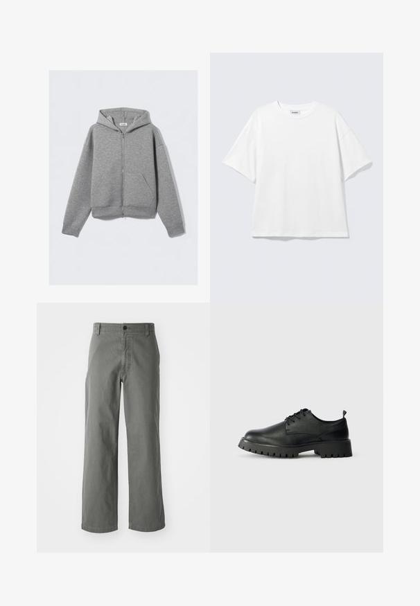 Sweat à capuche gris clair avec fermeture éclair intégrale, poches avant et capuche, étalé à plat sur un fond clair uni.; T-shirt blanc oversize à manches courtes, col rond, épaules tombantes, posé à plat sur fond gris clair.; Pantalons en coton gris avec une coupe droite, featuring une fermeture à bouton et des passants de ceinture, une texture lisse et sans motifs ni accents visibles.; Chaussures en cuir noir à lacets avec un bout arrondi, surface texturée et semelle en caoutchouc épaisse dotée de profondes rainures pour une meilleure adhérence.