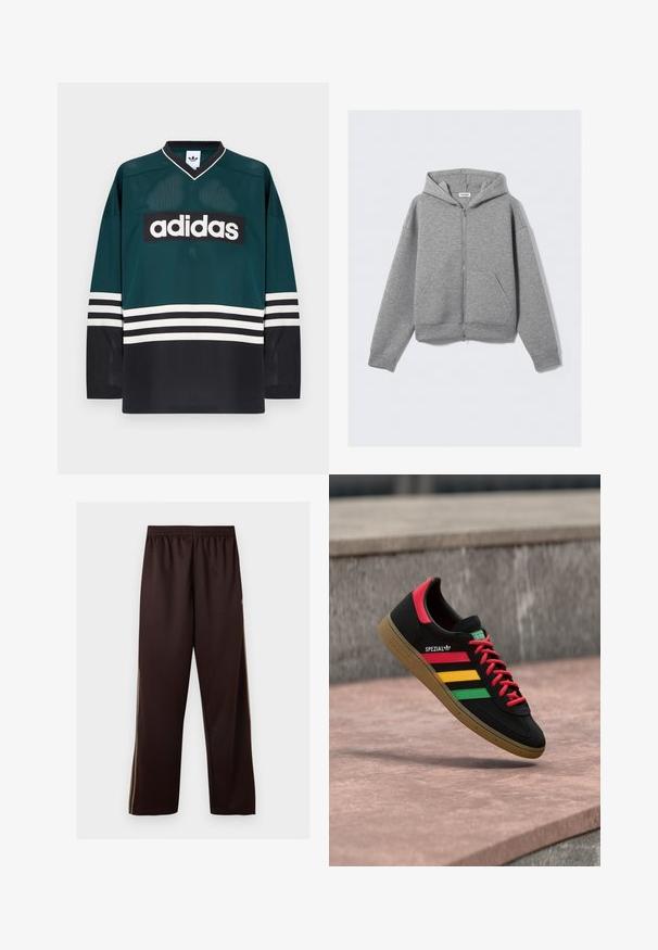Lichtgrijze hoodie met volledige ritssluiting, voorzakken en capuchon, plat gelegd op een effen lichte achtergrond.; Groen-zwart Adidas-shirt met een V-hals, lange mouwen, een mesh textuur en een opvallend wit logo over de borst met gestreepte accenten.; Donkerbruine broek met wijde pijpen, elastische tailleband en subtiele lichtbruine zijstrepen, weergegeven tegen een effen witte achtergrond.; Zwarte Adidas Spezial sneaker met rode, gele en groene strepen, rode veters, gumzool en een rode hieldetail, zwevend boven het trottoir.