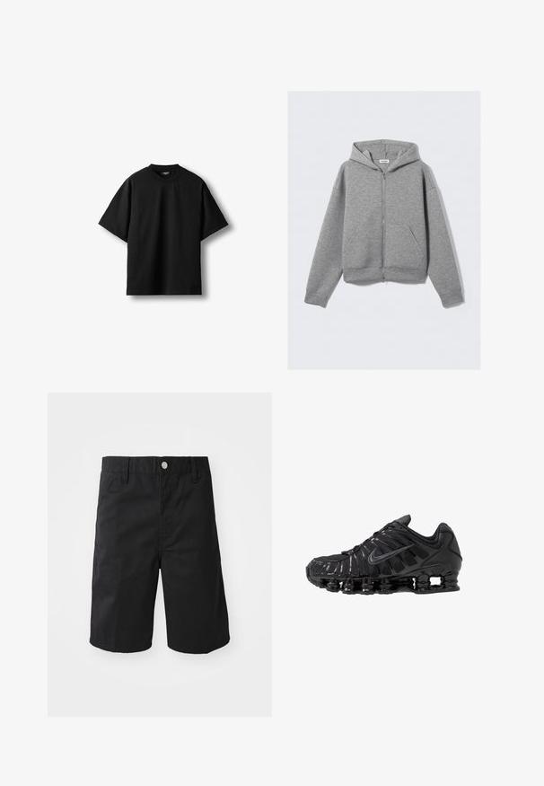 Sudadera con capucha de cremallera completa en gris claro, con bolsillos delanteros y capucha, extendida sobre un fondo claro liso.; Camiseta negra de manga corta con cuello redondo y corte holgado, presentada extendida sobre un fondo blanco.; Pantalones cortos de algodón negros con corte recto, presillas para cinturón, cierre de botón metálico y sin patrones ni acentos visibles.; Zapatillas deportivas negras fabricadas con malla y materiales sintéticos, con un diseño ondulado distintivo, suela de goma negra y detalles reflectantes.