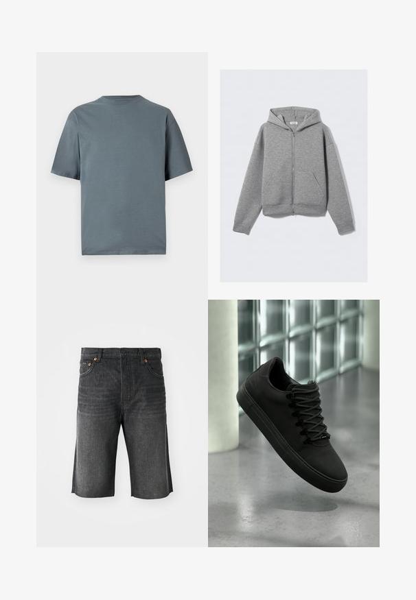 Sudadera con capucha de cremallera completa en gris claro, con bolsillos delanteros y capucha, extendida sobre un fondo claro liso.; Camiseta de manga corta en color gris pizarra, confeccionada en tela de algodón suave, con cuello redondo y un corte holgado.; Pantalones cortos de mezclilla en gris oscuro, con corte recto, cinco bolsillos y costura naranja en la parte frontal. Acabado limpio en los dobladillos.; Zapatilla negra mate con suela gruesa y cordones negros flotando sobre un piso gris liso, con una pared de ladrillos de vidrio y columna blanca de fondo.
