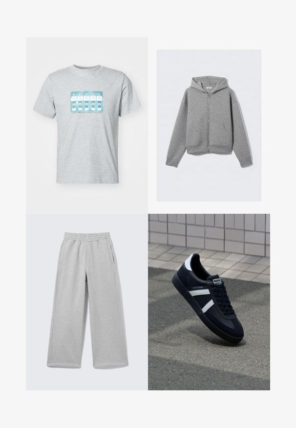 Sweat à capuche gris clair avec fermeture éclair intégrale, poches avant et capuche, étalé à plat sur un fond clair uni.; T-shirt en coton gris avec un imprimé central représentant cinq footballeurs en maillots blancs avec des accents teal, col rond et manches courtes.; Pantalon de survêtement gris clair à jambes larges avec taille élastique et poches latérales, présenté sur un fond uni.; Sneaker en cuir noir avec des rayures blanches, semelle en caoutchouc texturée et devant à lacets. Présente une étiquette de marque sur la languette.