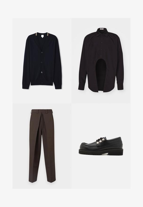 Marineblå cardigan med V-hals, fem knapper, ribbede manchetter og en multicolor stribet kant på kraven. Blødt strikket stof.; GmbH GEIR MIX - Skjorter - black; BLUEMARBLE WORK PANT - Bukser - brown; Sorte læder loafers med rund tå, der har tre metalliske detaljer og en tekstureret sål for godt greb. Glat overdel og syet detalje.