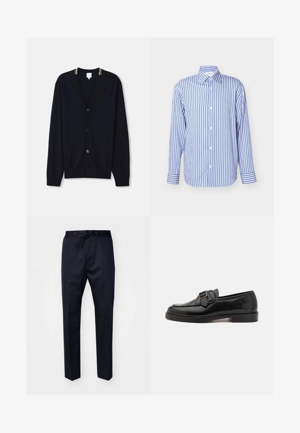 Marineblå cardigan med V-hals, fem knapper, ribbede manchetter og en multicolor stribet kant på kraven. Blødt strikket stof.; Blå og hvid stribet skjorte, med krave, lange ærmer, knaplukning foran, blødt stof, har knapmanchetter og jævnt placerede lodrette striber.; Marineblå, letvægtsbukser med elastisk talje, justerbar snor og lige ben. Glat tekstur uden synlige mønstre eller accenter.; Sorte læder loafers med rund tå og en dekorativ spændeaccent. Flad, solid hæl og glat tekstur hele vejen igennem.