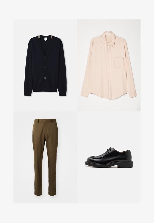 Cárdigan azul marino con escote en V, cierre de cinco botones, puños de punto acanalado y un borde de collar con rayas multicolores. Tejido de punto suave.; Camisa de manga larga rosa claro en tejido suave con collar de punta, botones frontales y un solo bolsillo en el pecho con costuras en contraste.; Pantalones marrones a medida en un diseño de pierna recta, hechos de una tela suave con bolsillos laterales y una pinza en la parte delantera.; Zapato de cuero negro con punta redondeada, detalles de costura, cordones mínimos y suela de goma gruesa para tracción y durabilidad.
