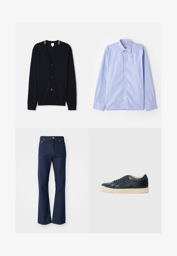 Marineblauer Cardigan mit V-Ausschnitt, fünf Knöpfen, gerippten Bündchen und einem mehrfarbigen gestreiften Rand am Kragen. Weicher Strickstoff.; OFFICINE GENERALE SOFT - Hemd - light blue; Dunkelblaue Jeans mit ausgestelltem Schnitt aus Denim. Verfügt über fünf Taschen, einen Reißverschluss vorne und einen Metallknopfverschluss. Klassische Nähte setzen Akzente.; Dunkelblaues Leder-Sneaker mit cremefarbener Gummisohle, ausgestattet mit blauen Schnürsenkeln und einer glatten Textur. Abgerundete Zehenpartie und minimalistisches Design.