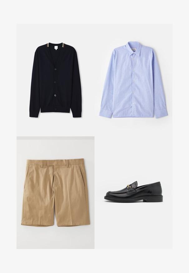 Marineblå cardigan med V-hals, fem knapper, ribbede manchetter og en multicolor stribet kant på kraven. Blødt strikket stof.; OFFICINE GENERALE SOFT - Skjorter - light blue; Khaki shorts med en glat, vævet tekstur, der har to sidelommer og en lige snit, designet med en flad talje og bæltestropper.; Sorte læder loafers med en rund tå, der har guld hardware accent og syningsdetaljer, placeret på en lav, tekstureret gummisål.