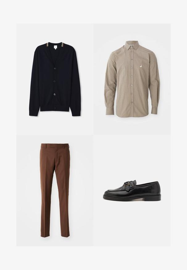 Marineblauer Cardigan mit V-Ausschnitt, fünf Knöpfen, gerippten Bündchen und einem mehrfarbigen gestreiften Rand am Kragen. Weicher Strickstoff.; Braun- und beige-karierter Langarmhemd mit Button-Down-Kragen, einer Tasche und kleinem gesticktem Logo auf der Brust.; Braune, maßgeschneiderte Hose mit flachem Vorderteil, geradem Schnitt, glatter Textur und Gürtelschlaufen. Keine sichtbaren Muster oder Hardwaredetails.; Schwarze Leder-Lederschuhe mit abgerundeter Zehenpartie und dekorativem Schnallenakzent. Flacher, solider Absatz und durchgehend glatte Oberfläche.