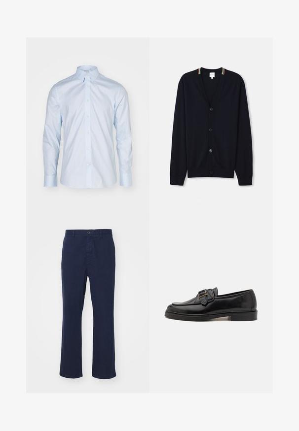 Marineblauer Cardigan mit V-Ausschnitt, fünf Knöpfen, gerippten Bündchen und einem mehrfarbigen gestreiften Rand am Kragen. Weicher Strickstoff.; Himmelblaues Langarmhemd mit klassischem Kragen, durchgehender Knopfleiste und kontrastierenden Knöpfen; aus glattem Stoff mit frischer Oberflächenstruktur gefertigt.; Marineblaue Baumwollhose mit geradem Beinschnitt, ausgestattet mit einem vorderen Knopfverschluss und Seitentaschen. Glatte Textur mit minimalen Details.; Schwarze Leder-Lederschuhe mit abgerundeter Zehenpartie und dekorativem Schnallenakzent. Flacher, solider Absatz und durchgehend glatte Oberfläche.