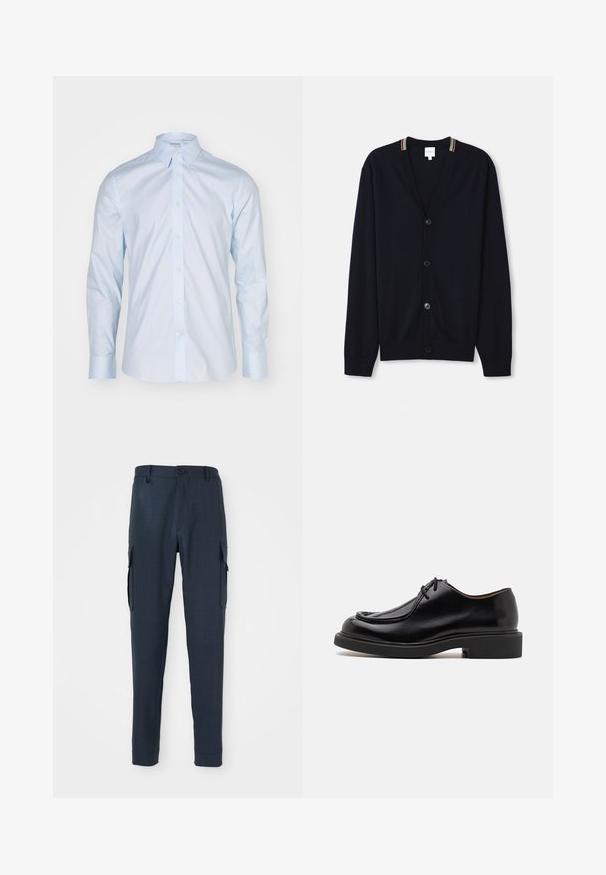 Cárdigan azul marino con escote en V, cierre de cinco botones, puños de punto acanalado y un borde de collar con rayas multicolores. Tejido de punto suave.; Camisa de manga larga azul clara con un cuello clásico, delantero abotonado y botones en contraste; hecha de una tela suave con un acabado nítido.; Pantalones cargo navy con tejido texturizado, corte slim, cierre de botón en la cintura y bolsillos laterales para mayor funcionalidad.; Zapato de cuero negro con punta redondeada, detalles de costura, cordones mínimos y suela de goma gruesa para tracción y durabilidad.